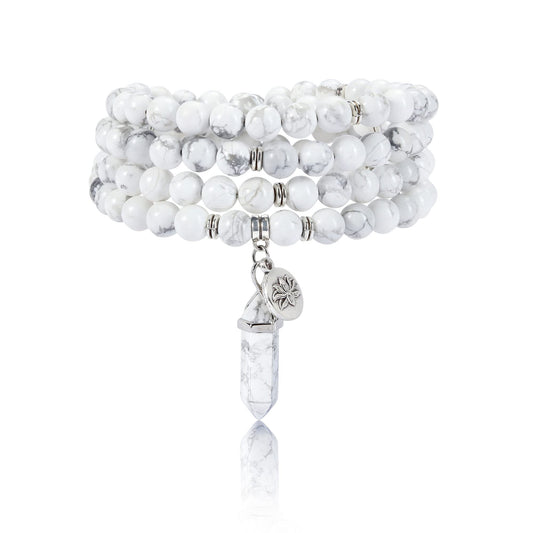 108 Mala Beads Bracelet 8mm White Howlite Healing Crystal Stone Mala Prayer Bead Necklace Hexagonal Prism Gemstone Reiki Pointed Pendant for Yoga Meditation Energy Balancing (White Turquoise Crystal)