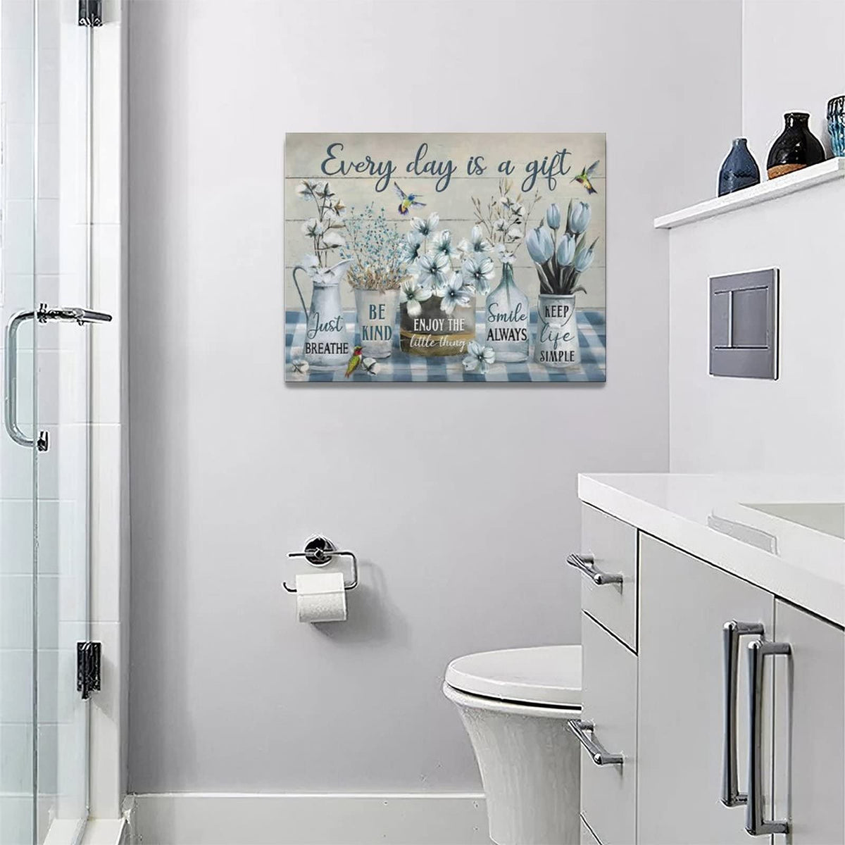 Farmhouse Flower Bathroom Decor Wall Art Rustic Flower Every Day Is A Gift Floral Spring Summer Pictures Wall Decor Canvas Painting Prints Artwork Framed for Bedroom Living Room 16"x12" (Everyday Is A Gift / 16"L x 12"W)