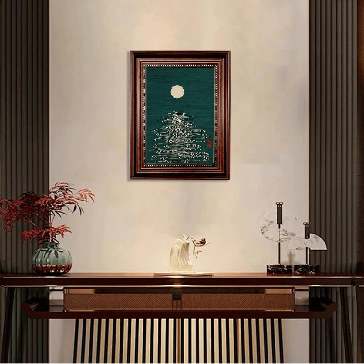 Dark Brown Framed Japanese Moon Canvas Wall Art 12x16 in (Japanese Moon / 16"L x 12"W)
