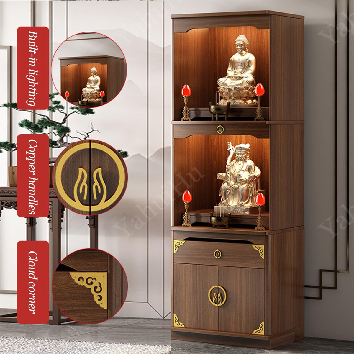 Multifunction Meditation Altar Table with Drawer and Shelf (Cherry(open) / 32"Lx18"Wx78"H)
