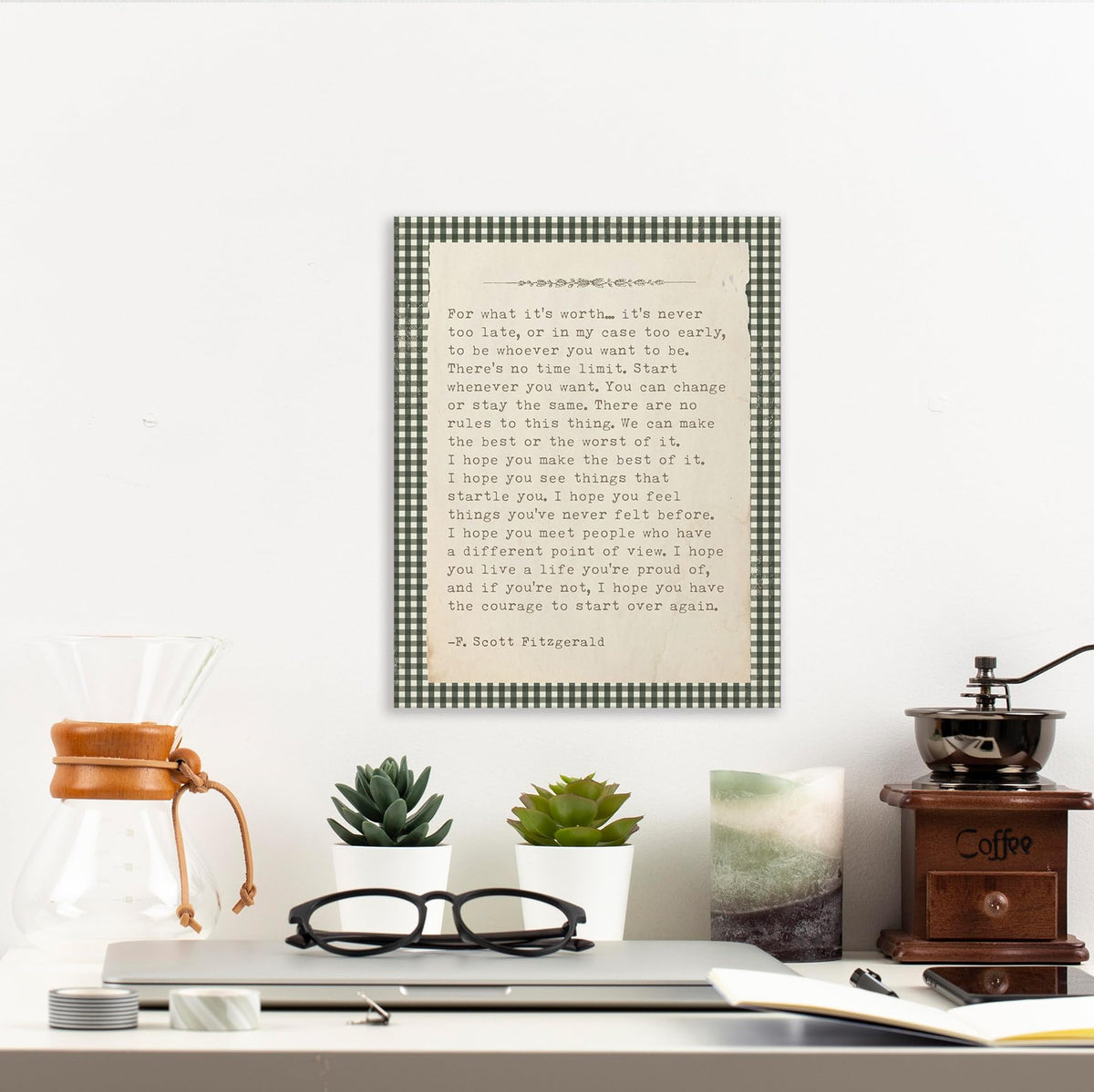 Inspirational Book Quote Wall Art Decor 11x14 Inches (Literary Green Gingham)