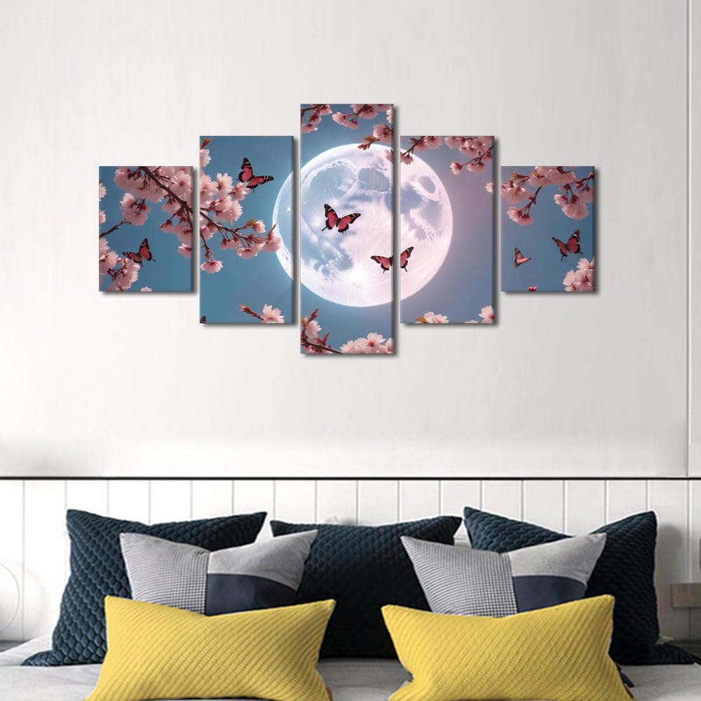 Wall Art Canvas Print Celestial Cherry Blossoms Under Full Moon Framed Artwork Romantic Spring Painting Modern Asian Decor Living Room Wall Display Botanical Home Accent 60" Wx32 H‌ (60''Wx32''H / Artwork-09)