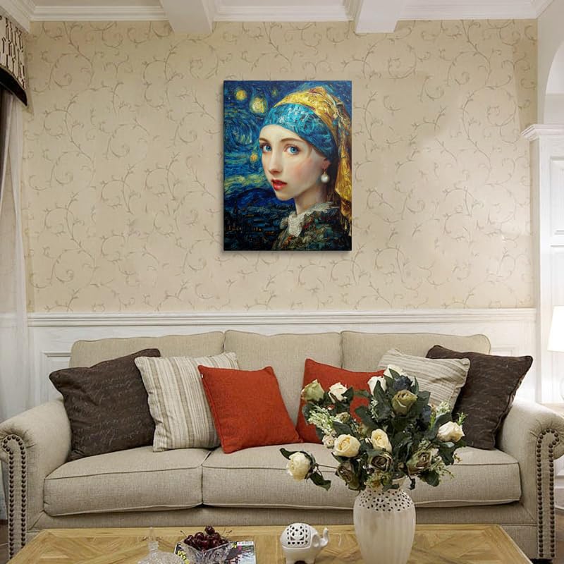 Van Gogh Starry Night Girl with Pearl Earring Canvas Wall Art Framed Painting Masterpiece Fusion Portrait Blue Gold Turban Swirling Background Wall Decor Artwork for Living Room Study 12x16 Inches (Starry Night Girl / 16"L x 12"W)
