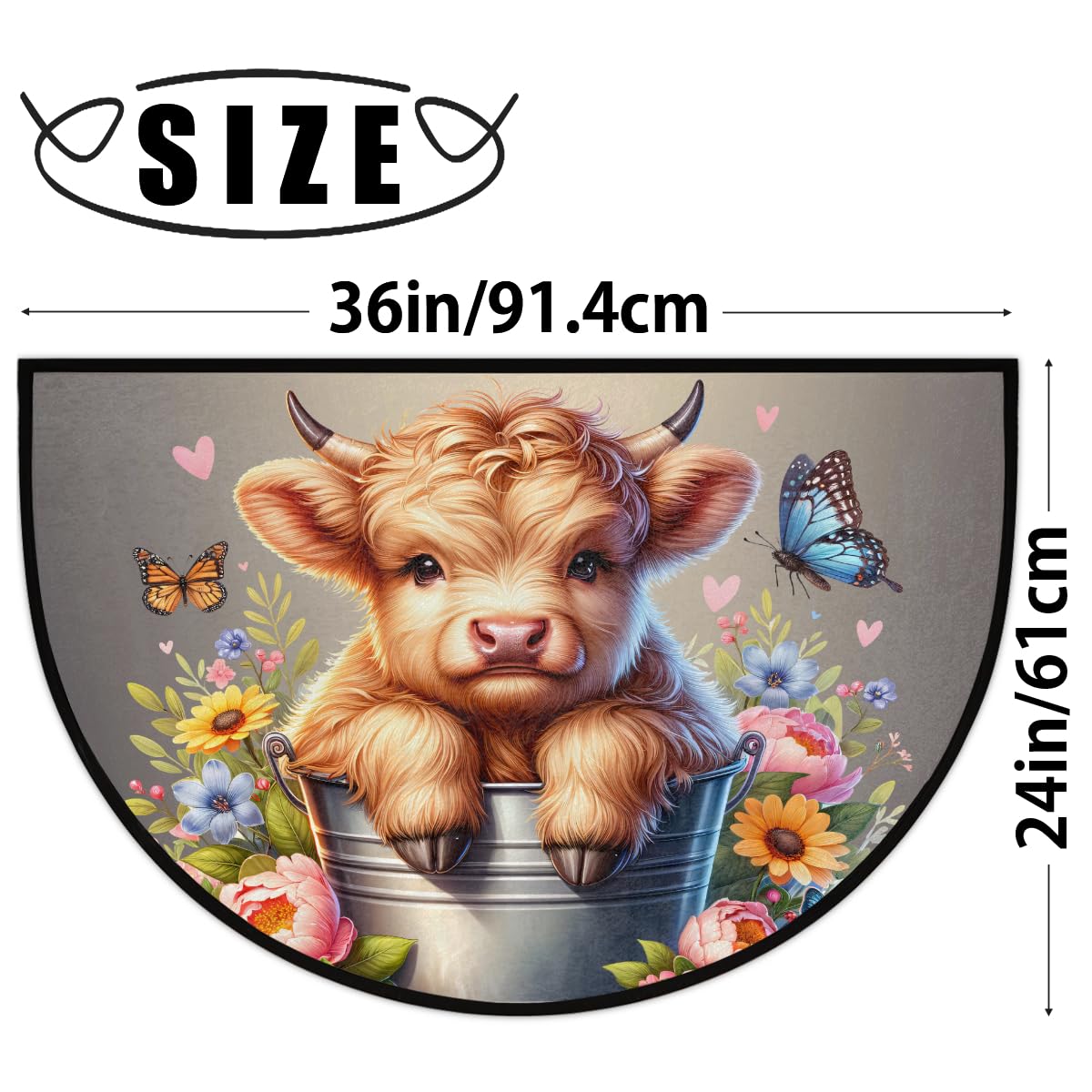 Highland Cow Half Round Door Rug Entrance Washable Half Circle Area Rugs (F Highland Cow Flower)