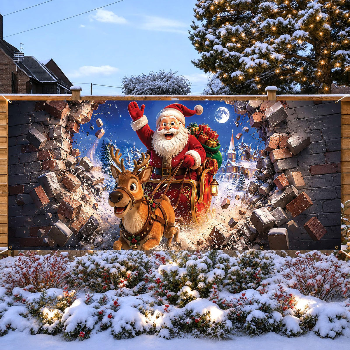 Christmas Garage Door Cover Banner Santa Reindeer Sleigh Backdrop (Santa Claus-1)