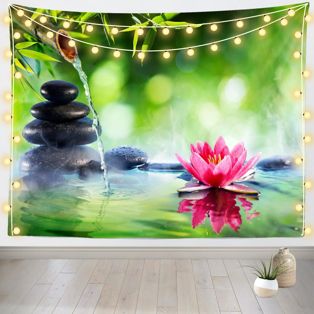 Zen Garden Tapestry 118''x98'' Green Bamboo Zen Stones Spa Water Lotus Flower Wall Hanging Tapestry Relaxation Bamboos Candles for Home Bedroom Living Room Dorm Decor (118"L x 96"W / T1-A18416)