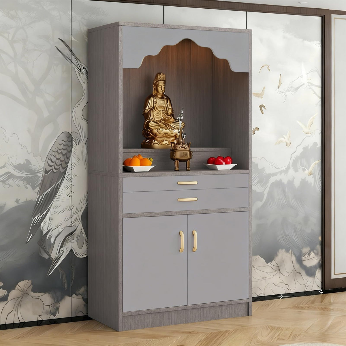Altar Table Wood Meditation Prayer Table (Dark Gray + Dark Gray Wood / 31.5" x 15.7" x 63.8")