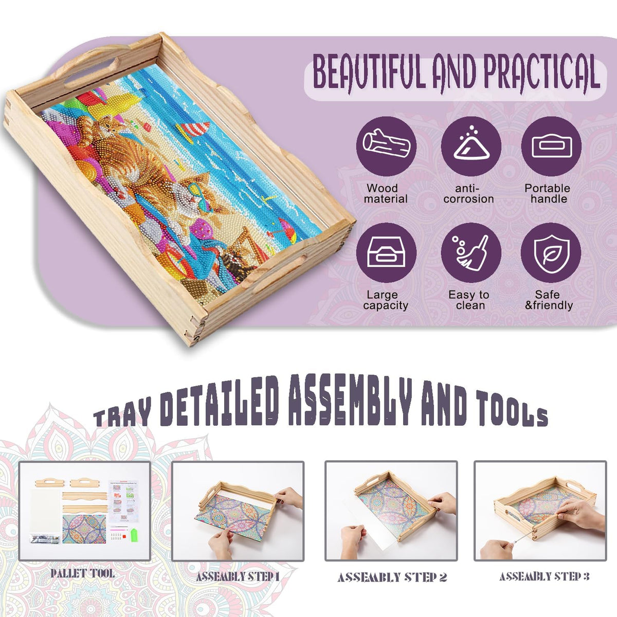 Diamond Art Kits for Adults Wooden Serving Trays with Handles (Cat AA)