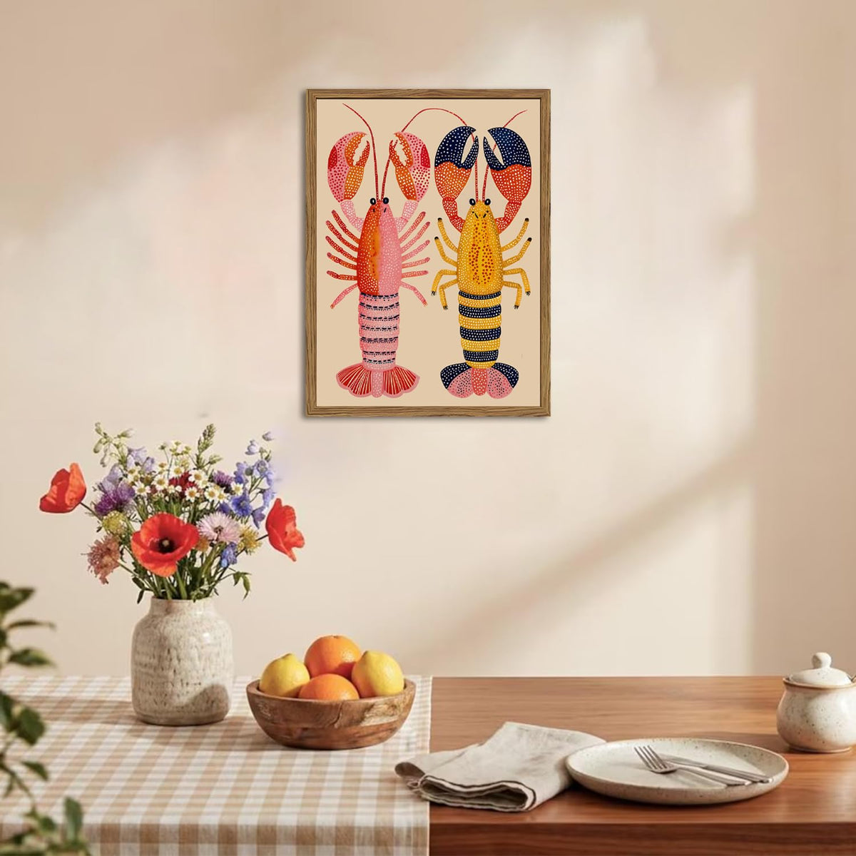 Coastal Lobster Wall Art Colorful Boho Kitchen Wall Decor Picture Seafood Animal Poster Canvas Painting Print for Living Dining Room 12x16 inch Wood Framed (Animal-G / 16"L x 12"W)