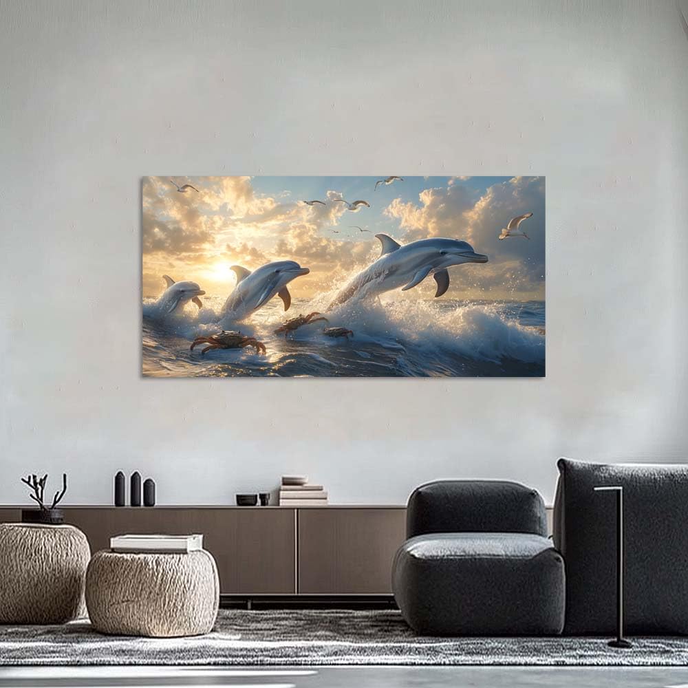 Blue Black and White Dolphin Leap Wall Art Modern Canvas Painting Prints (Coastal / White Dolphin Leap 106 / 46"L x 23"W)