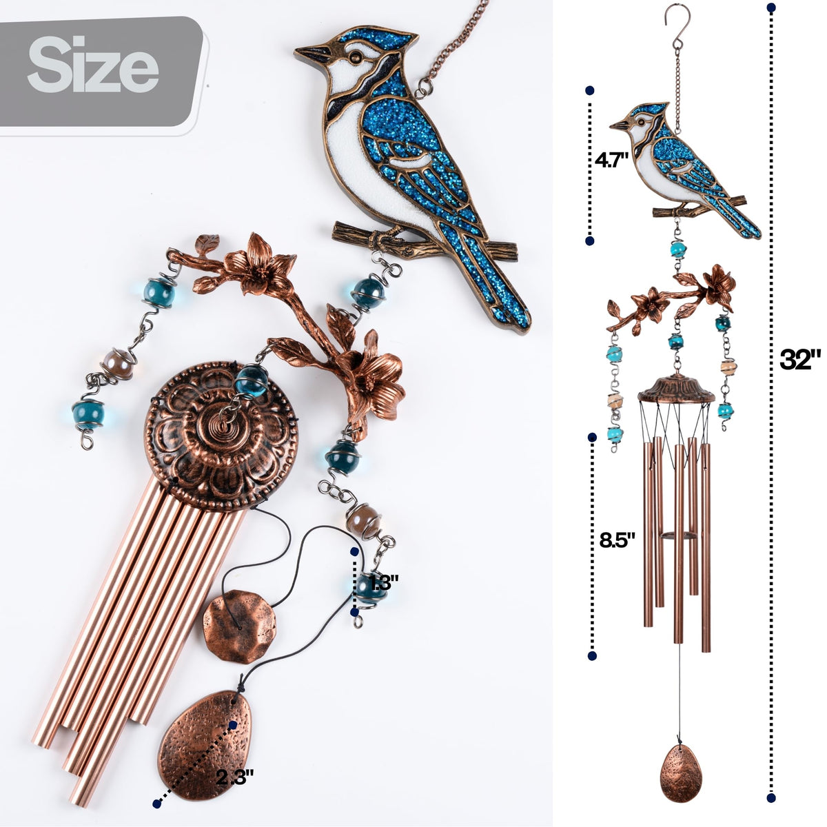 Wind Chimes Wind Chimes for Outside Deep Tone 32 inches 5 Aluminum Tubes (32" Bluejay)