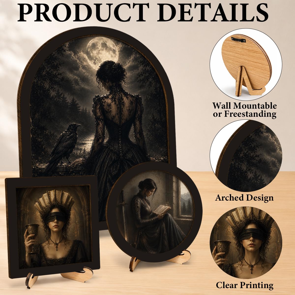 3 Pcs Gothic Raven Woman Wall Art Sign Framed Moonlit Victorian Decor (Dark-01)