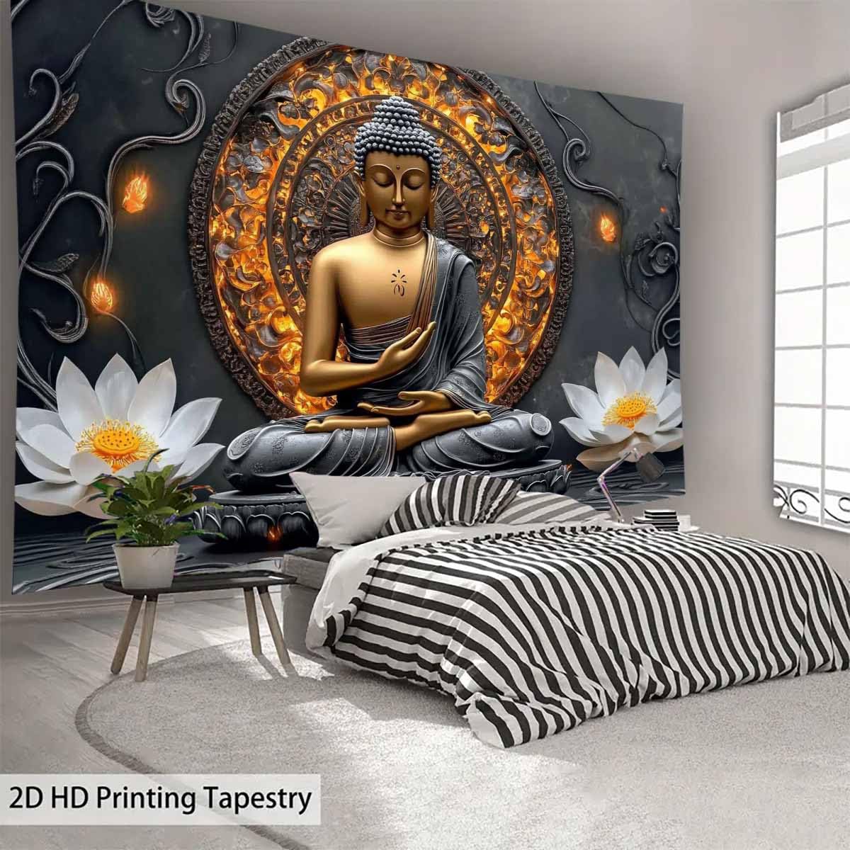 Sitting Golden Buddha Tapestry Wall Hanging Buddhist Statue Tapestries White Lotus Meditation Wall Decor Zen Art Psychedelic Indian Wall Blanket for Bedroom Living Room Home Decor (Grey / 59"L x 51"W)