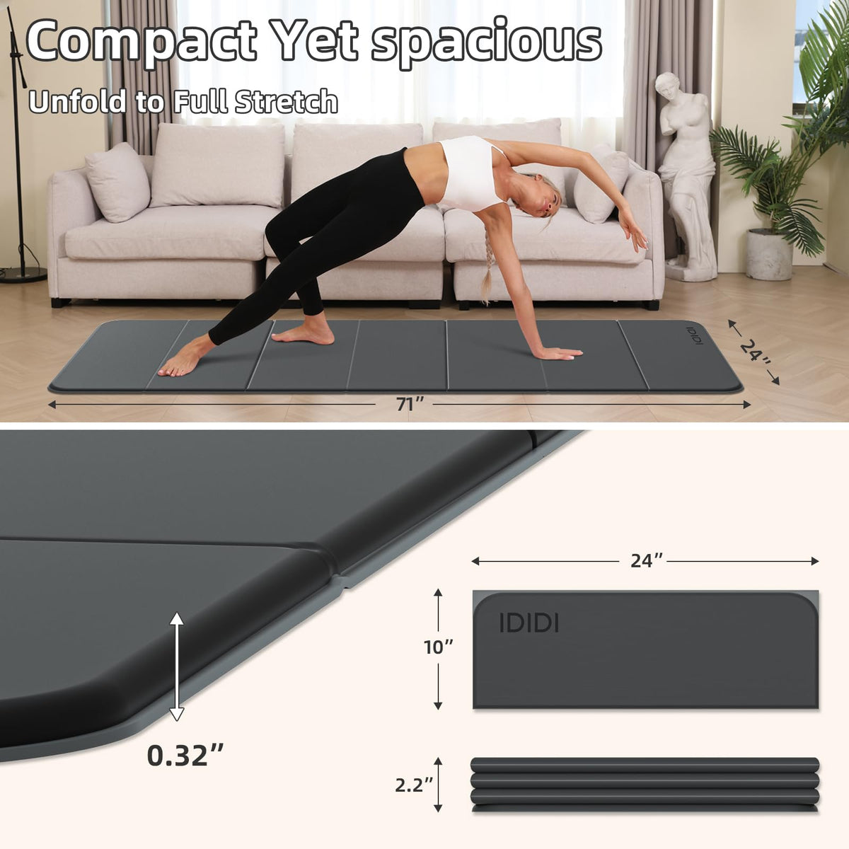Foldable Yoga Mat Thick 0.32" (Black)