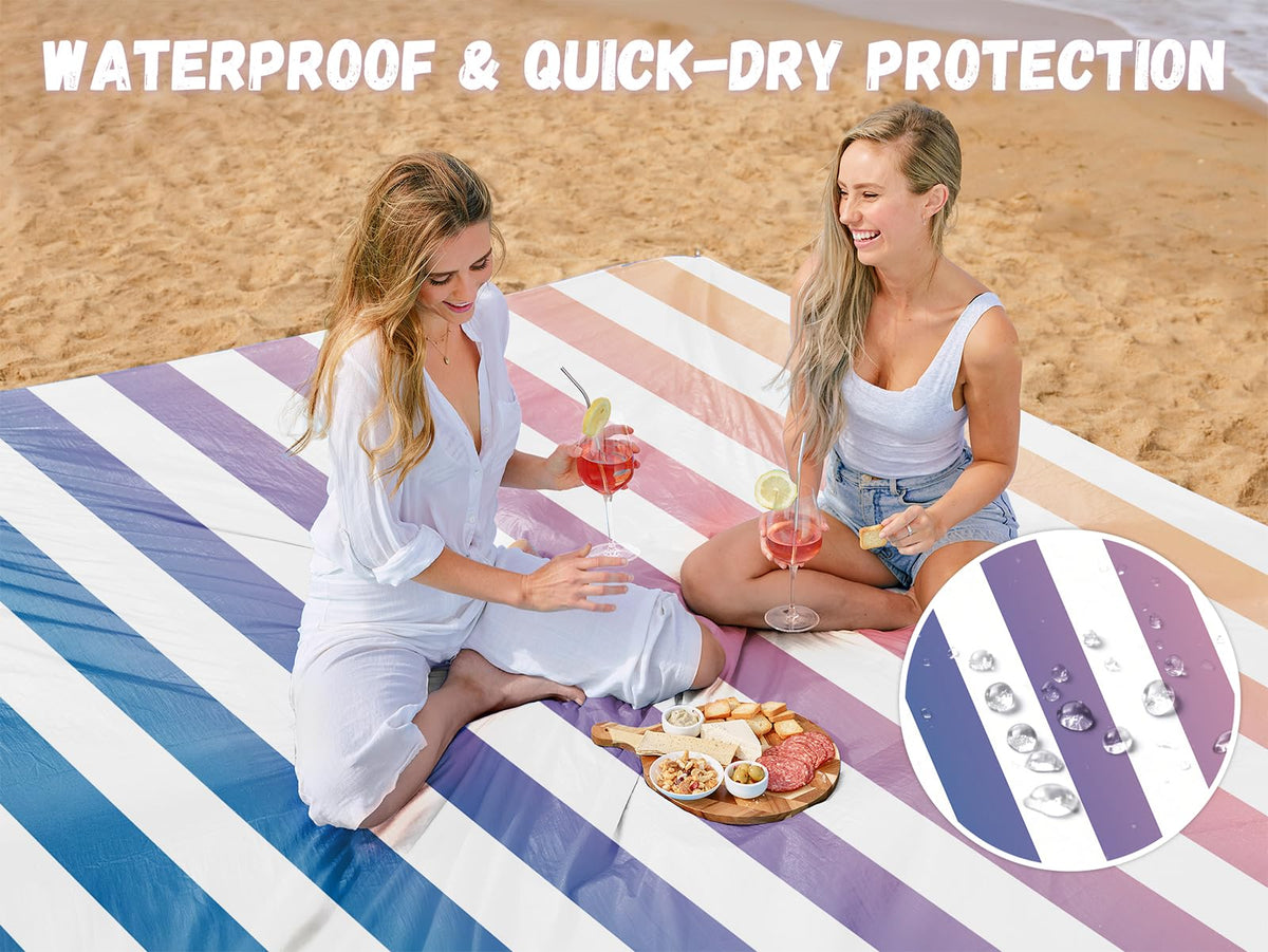 Beach Blanket Waterproof Sandproof (Navy Stripes / 79“×83”)