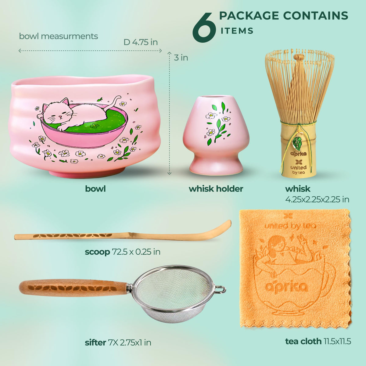 Aprika Life Matcha Whisk Set 6 Pcs (Pink with Cats)