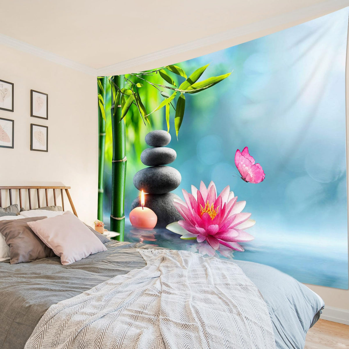 Zen Pink Floral Tapestry Wall Hanging Pink Water Lily Butterfly and Green Bamboo Tapestry Modern Yoga Spa Flower Plant Wall Art for Bedroom Living Room Dorm Home Decor (40"L x 60"W / Green)