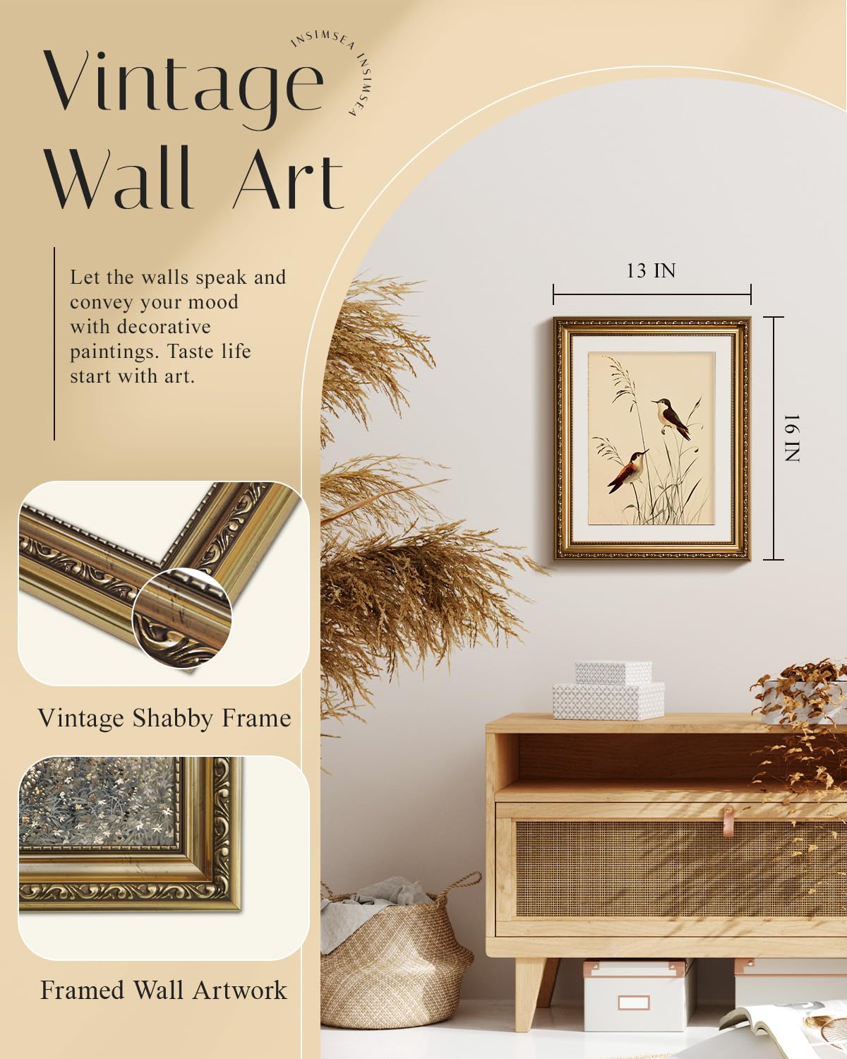 Retro Gold Framed Wall Art (Hummingbird / 16"L x 13"W)