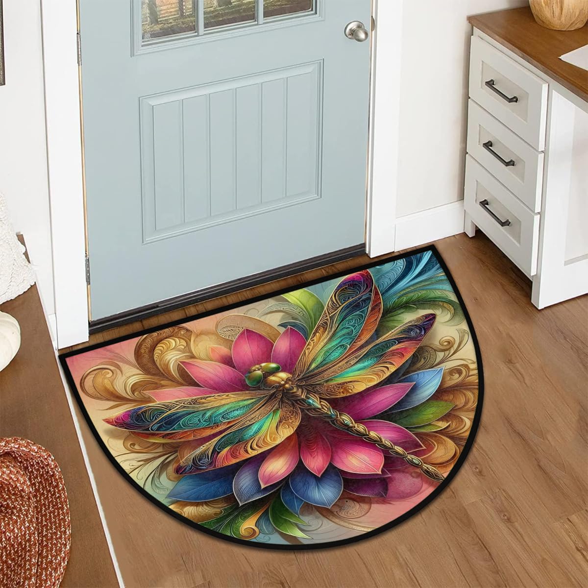 Half Round Doormat Dragonfly Flower Animal Semi Circle Rug Non Slip Indoor Outdoor Entrance Half Moon Rug Washable Front Floor Mat for Kitchen Bathroom Patio Fireplace Holiday Decor (B:dragonfly 03)