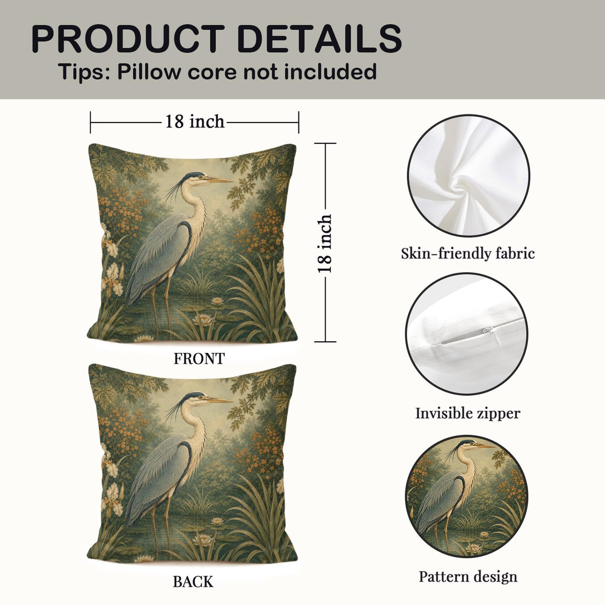 Vintage Floral Great Blue Heron Bird Pillow Cover 18x18 (White-blue Heron Bird 20)