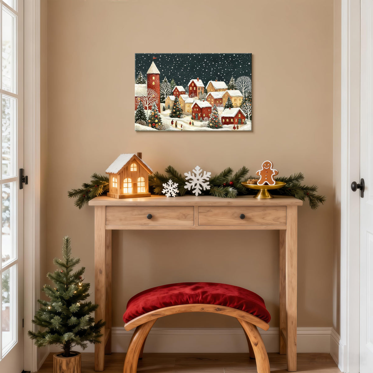 Vintage Christmas Winter Village Canvas Wall Art 16"x24" (Red Snow Town / 24"L x 16"W)