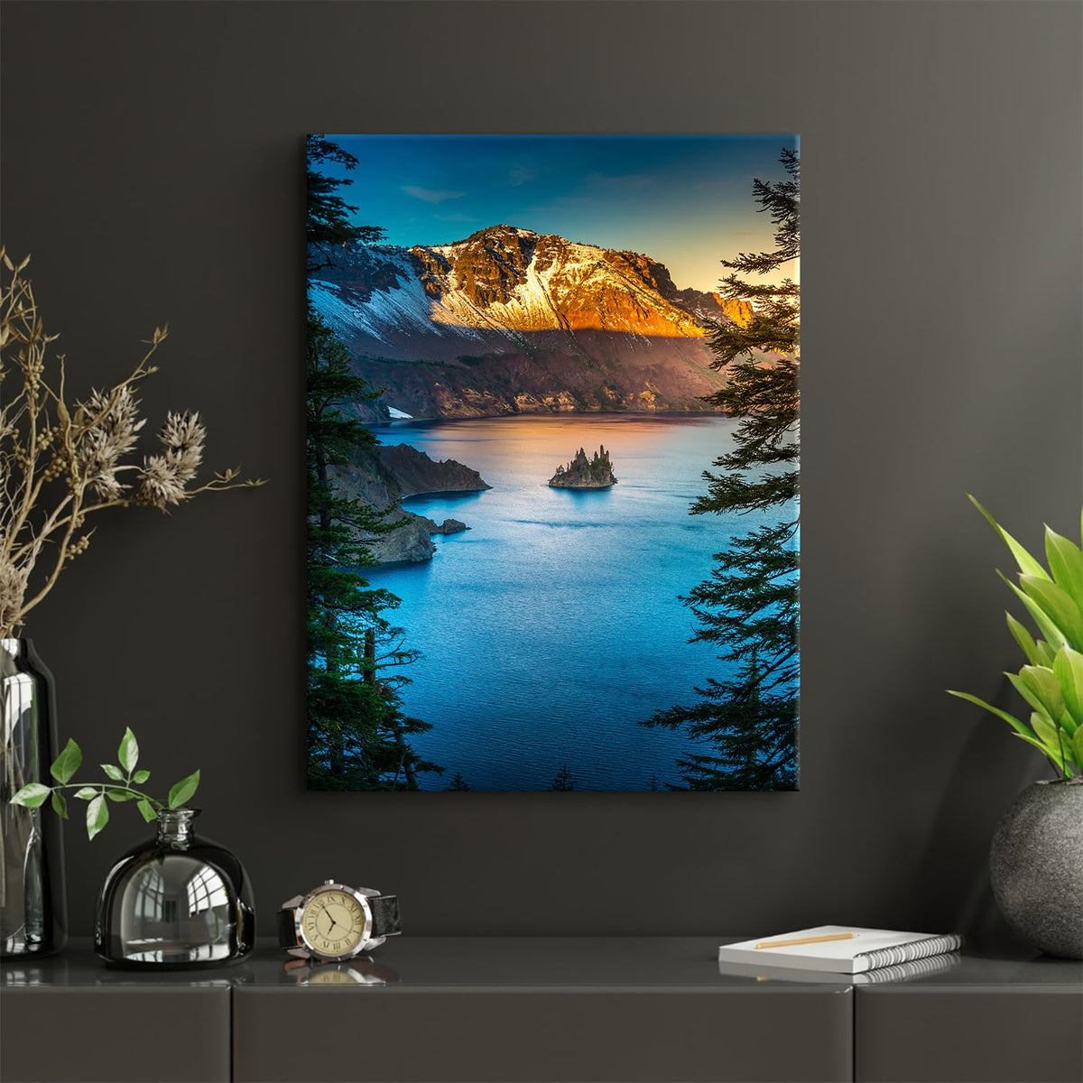 Nature Mountain Wall Art Crater Lake National Park Posters Nature Oregon Forest Lake Landscape Wall Art Sunset Mountains Scenery Canvas Prints for Living Room Bedroom Office Home Decoration 12x16" (16"L x 12"W / Crater Lake)