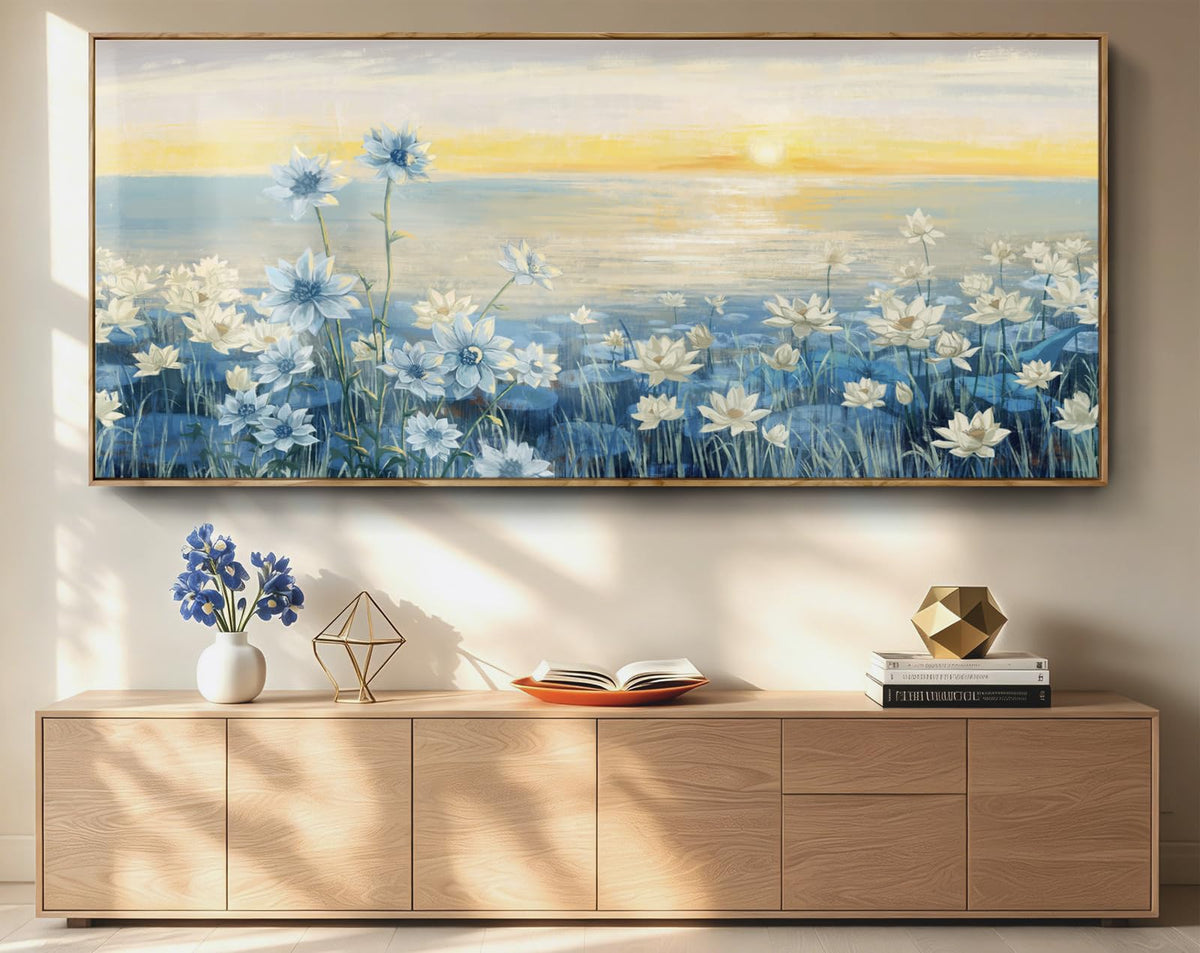 Giant Framed Wall Art for Living Room Extra large Modern Coastal Beachy Canvas Wall Art Big Floral Sunrise Blue Wall Picture Oversized Lake Nature Sunset Artwork Office Bedroom Decor 71“x31” (Sunrise Wall Art / 71"L x 31"W)