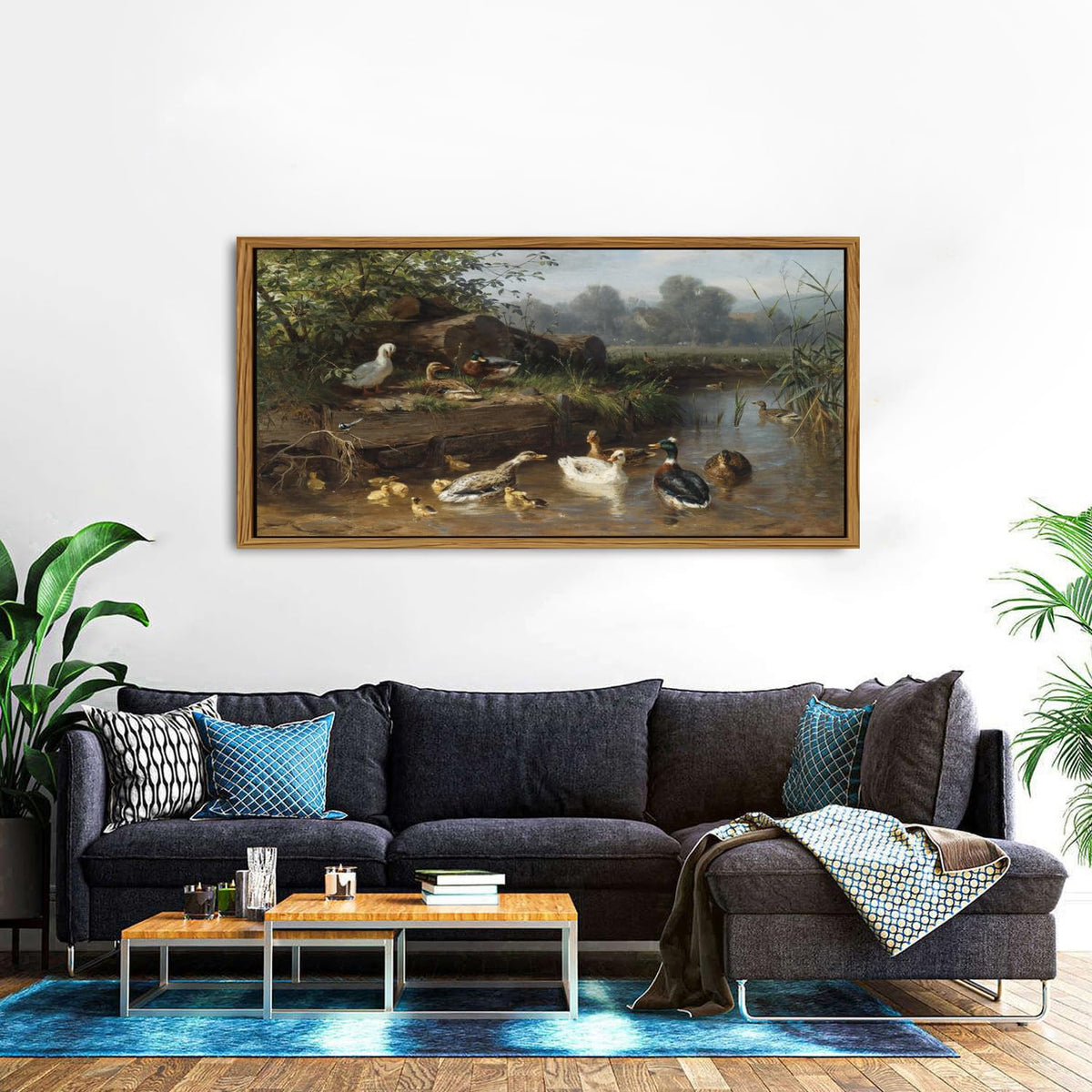 Framed Vintage Animal Wall Art Countryside Duck Wall Decor Rustic Duck Scenic Picture Canvas Prints Painting Abstract Nature Funny Poster Artwork for Living Room Bedroom Office Home Decorations 30x57.8" (30"L x 57.8"W / Duck)