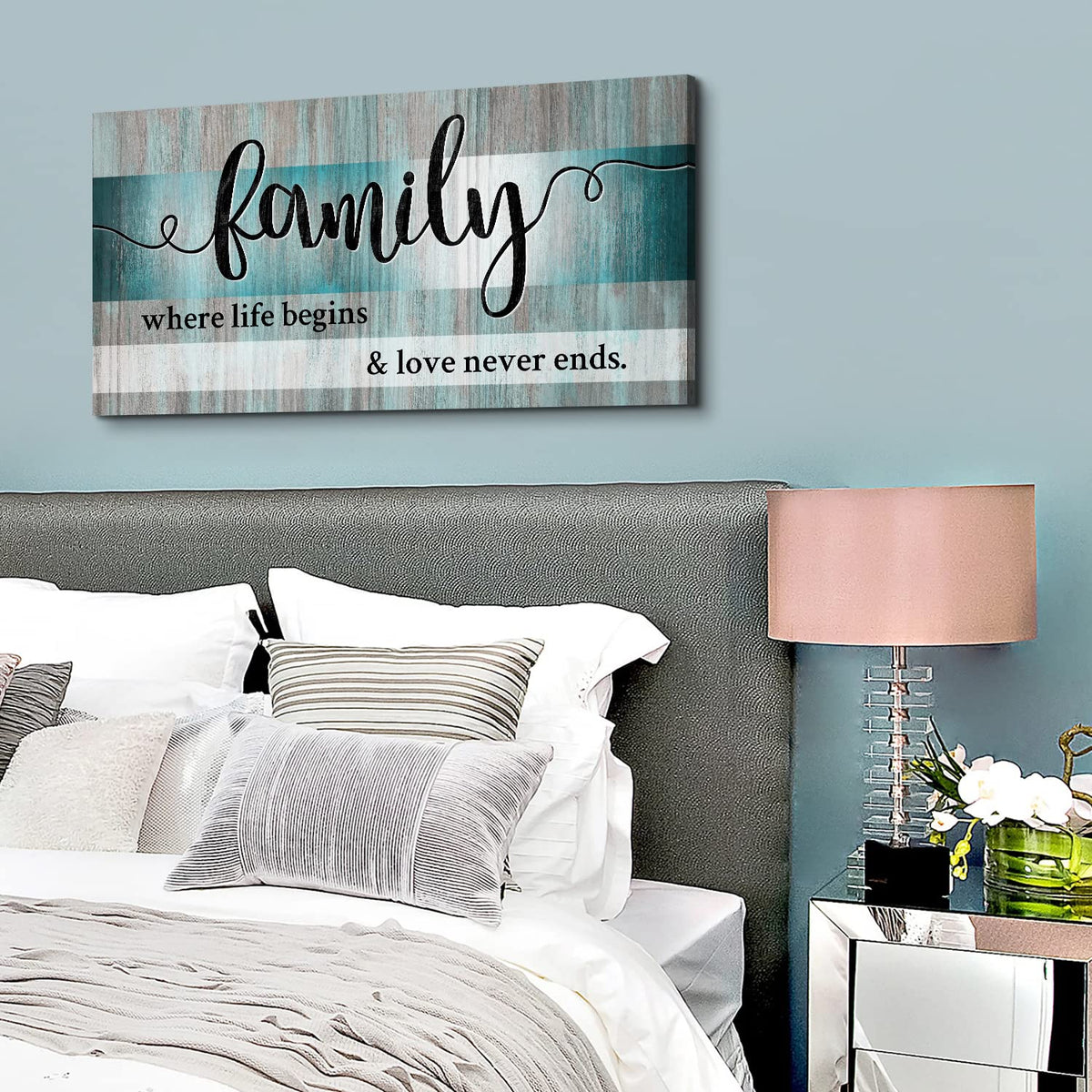 Family Wall Decor Teal Wall Art for Kitchen Family Sign for Home Decor Wall (40"L x 20"W / Family)