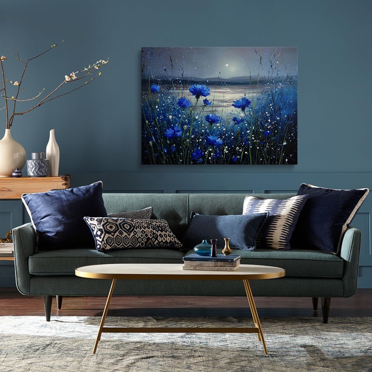 Beautiful Blue Cornflowers Moonlit Lake Landscape Canvas Wall Art (Blue Flower (Wrapped Canvas) / 16"L x 12"W)