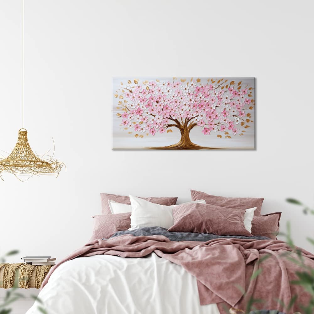 Pink and White Tree Petals Wall Art for Living Room Office Nature Art Deco Plant Scenic Painting Prints Modern Canvas Artwork Over the Couch Bedroom Decor Extra Large (58L" x 28W" / Pink and White Tree Petals Wall Art (K869))