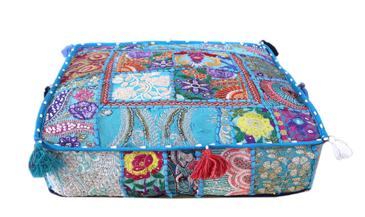 Indian Square Patchwork Traditional Pouf Cover Indian Living Room Poufs Decorative Embroidered Designer Ottoman Home Living Footstool Chair Cover Decor Pillow Cover 18x18x5 inches (18"D x 18"W x 5"H / Sky Blue)