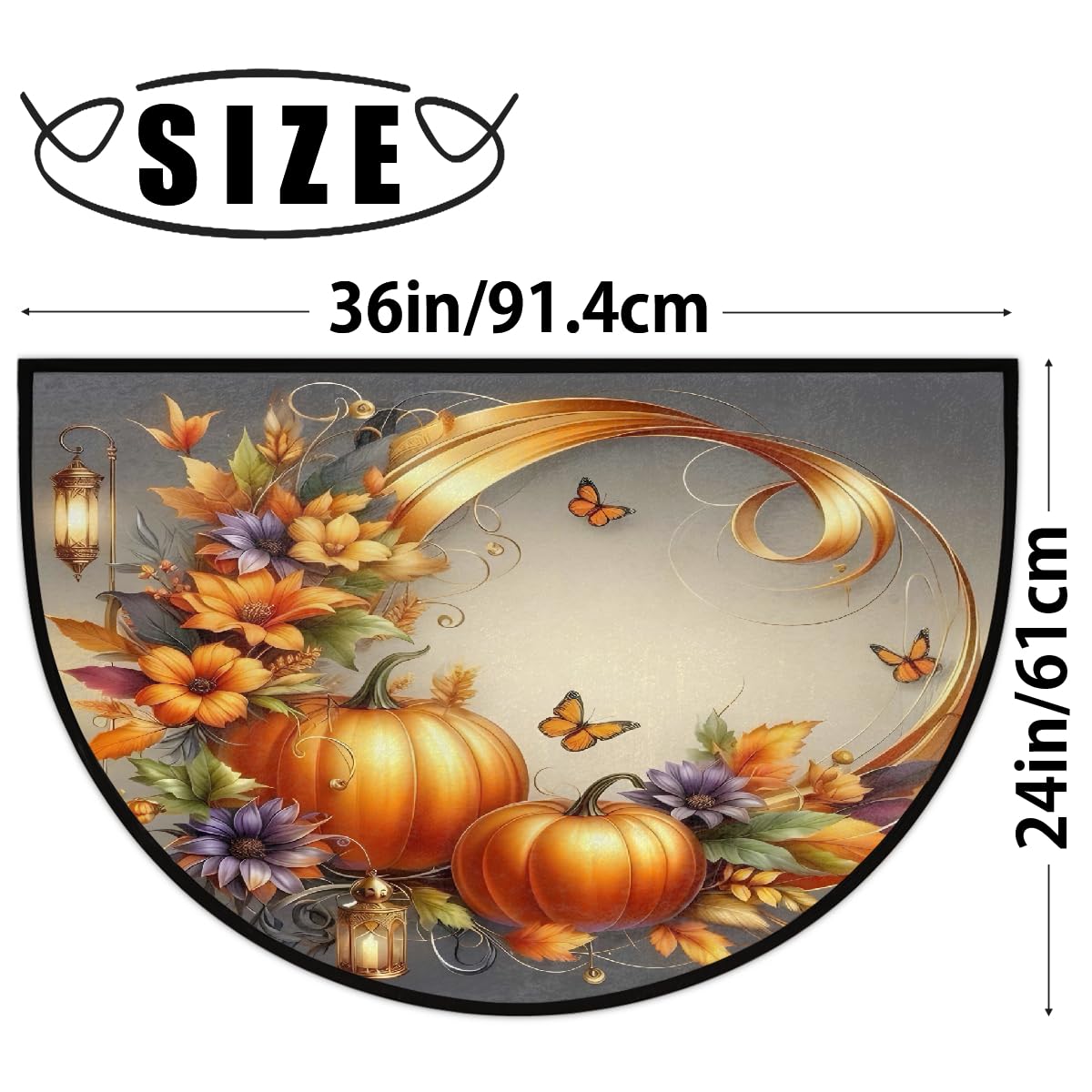 Half Round Doormat Autumn Fall Pumpkins Floral Washable Semi Circle Rug Non Slip Absorbent Half Moon Rug Kitchen Floor Mat for Indoor Outdoor Bathroom Patio Front Welcome Fireplace Hearth (Fall 01)
