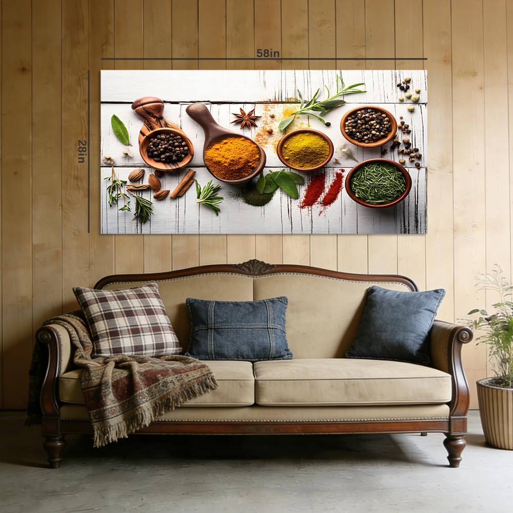 Vintage Culinary Spices Canvas Wall Art Turmeric Curry Herbs Painting Flat Print Gallery Wrapped Artwork for Living Room Bedroom Bathroom Decor (Retro / White Spice Arrangement 15 / 58"L x 28"W)