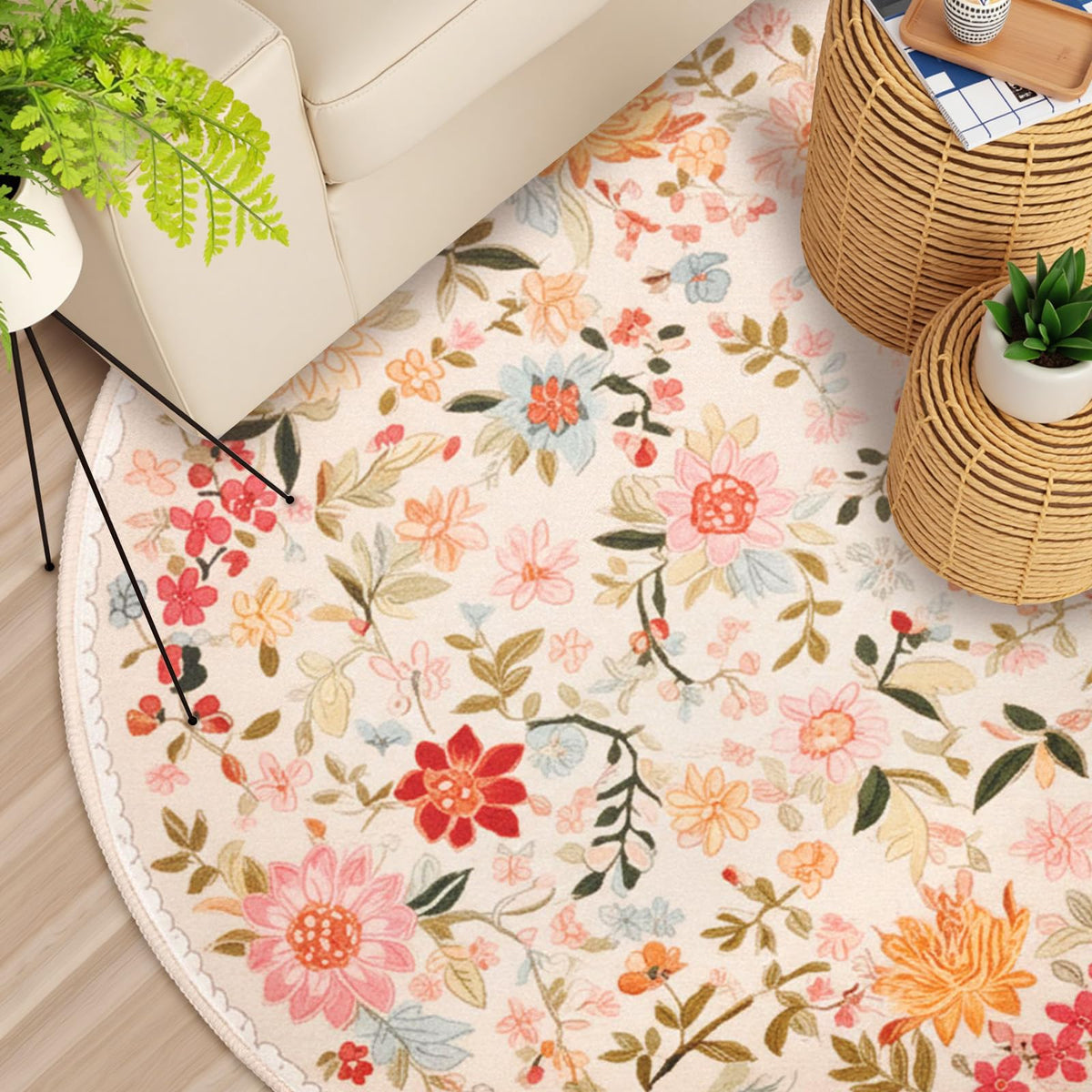 Boho Floral Round Area Rug 4ft (Daily-floral Pink C / 4' (Round))
