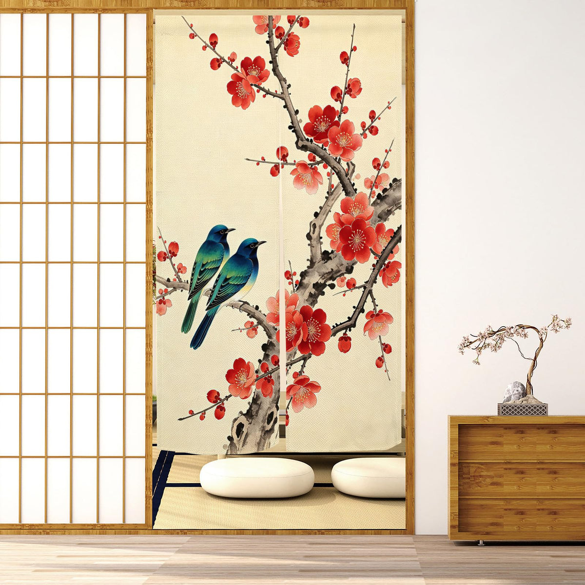 Japanese Noren Doorway Curtain New Chinese Bird Flower Tapestry 28.3x59inch (Beige Red / 28.3"W x 59"L (Pack of 1))