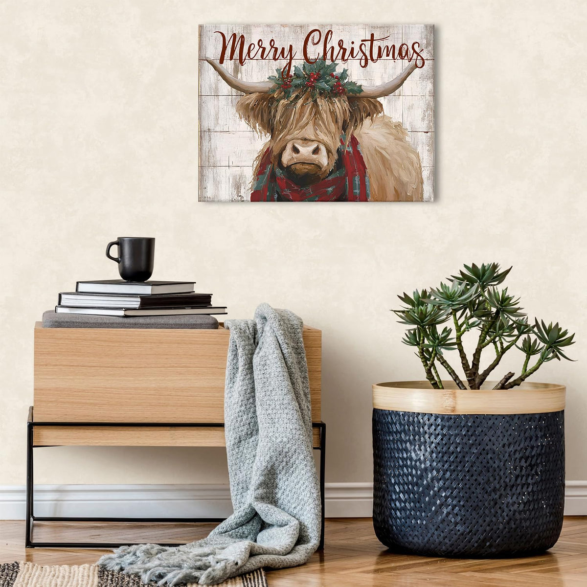 Christmas Highland Cow Wall Art Merry Christmas Sign Poster Rustic Farmhouse Cow Pictures Wall Decor Rustic Wood Grain Farm Animal Canvas Prints Artwork for Kitchen Dining Room Home Decoration 12x16" (16"L x 12"W / Xmas Cow)