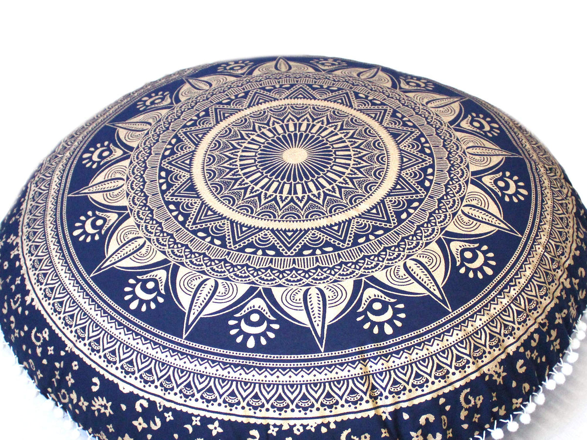 32 Inch Meditation Floor Pillow Cover Round Pillow Seating Hippie Decorative Adults Bohemian Mandala Cushion Cover Outdoor Living Room Throw Ottoman Poufs Cover (Blue Gold Trishul)