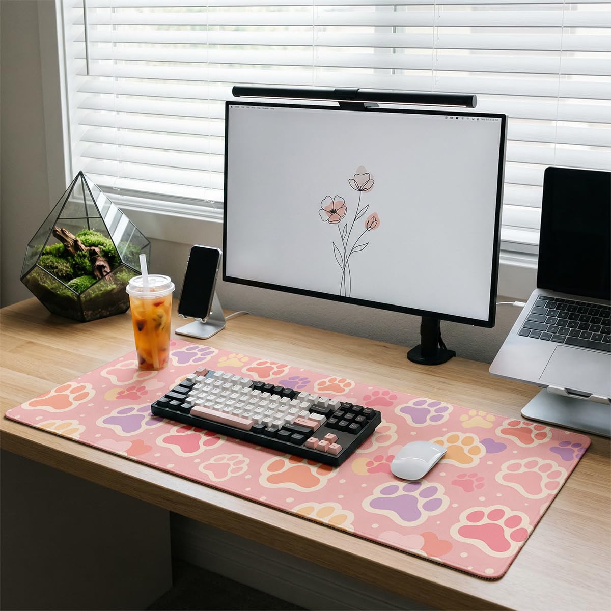 Paw Print Large Gaming Mouse Pad Cute Pet Pink Kawaii Heart Desk Mat (Paw Print / 31.5L x 11.5W inches)