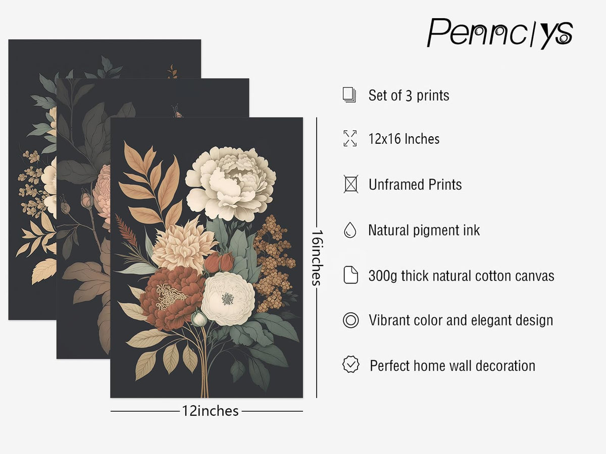 Vintage Flower Wall Art Dark Floral Canvas Wall Art Botanical Farmhouse Prints Black Flower Pictures Wall Decor Moody Floral Artwork Painting for Living Room Bedroom 12x16x3 Inch Unframed (Vintage Flower Prints Art / 12x16 Inch Unframed)