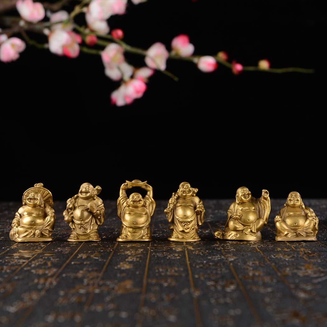 6Pcs 2'' Gold Brass Laughing Buddha Figurines (2''brass Set)