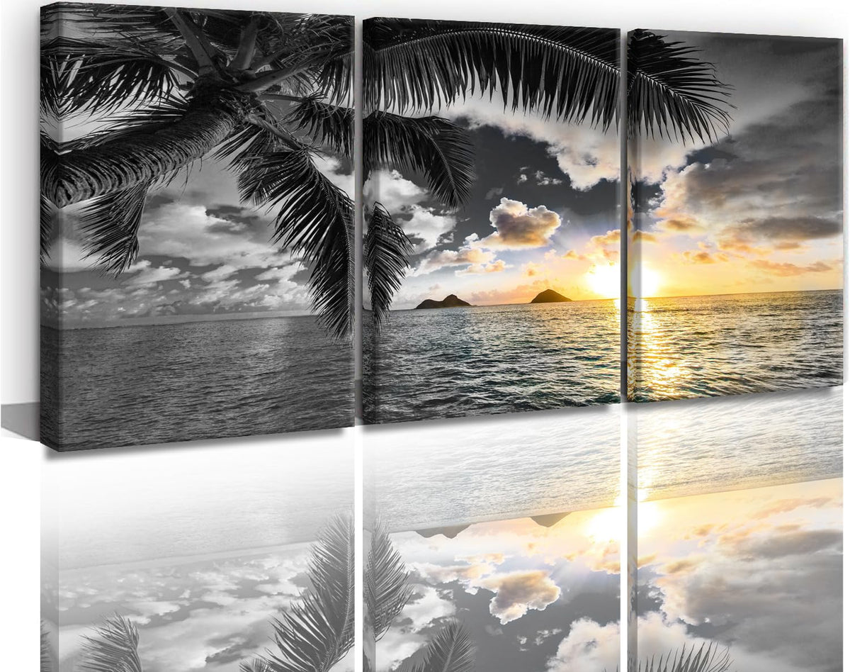Sunset Beach Canvas Wall Art Bathroom Black and White Coastal Wall Decor Ocean Prints Art Seascape Pictures Palm Painting Artwork for Living Room Bedroom Decor Office Home Decoration (BAbesH3 / 16"x24"inches x 3 pcs)
