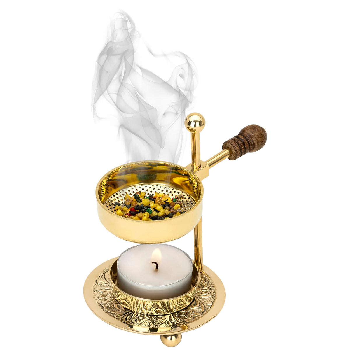Handcrafted Adjustable Resin Incense Burner in Golden Brass with Wooden Handle (Gold Wooden Handle)