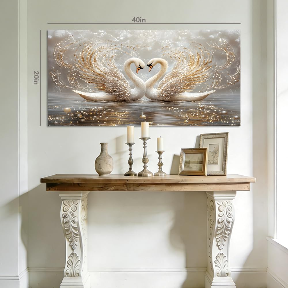 Romantic Swan Canvas Wall Art Gold Glitter Pearl Animal Painting Print Gallery Wrapped Luxury Heart Swan Artwork for Living Room Bedroom Bathroom Decor (Mysterious / White Swans Love 3 / 40"L x 20"W)
