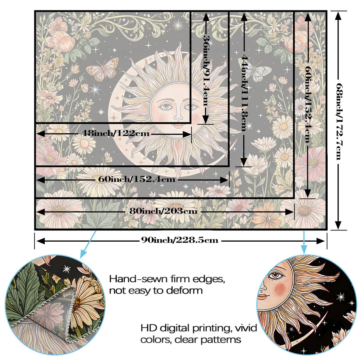 Boho Sun and Moon Vintage Daisy Floral Tapestry 80 x 60 Inch (Black Sun Daisy / 80"L x 60"W)