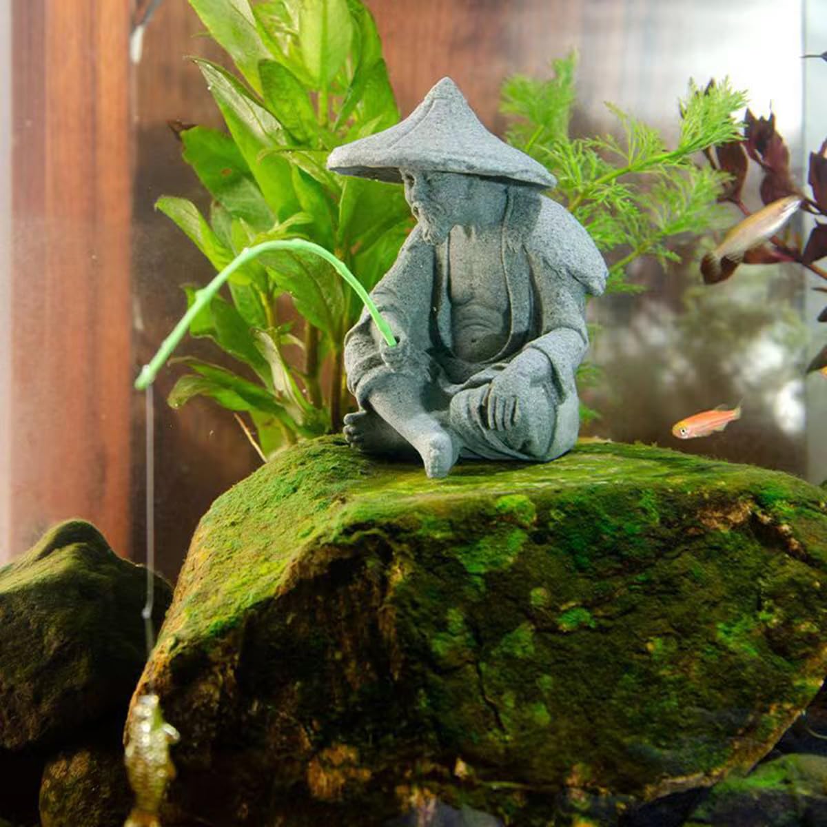 Mini Fisherman Statue Asian Zen Decoration Sitting Fishing Figurines Sandstone Vintage Ornament for Aquarium Fish Tank Pot Garden Home Japanese Decor (Yellow)