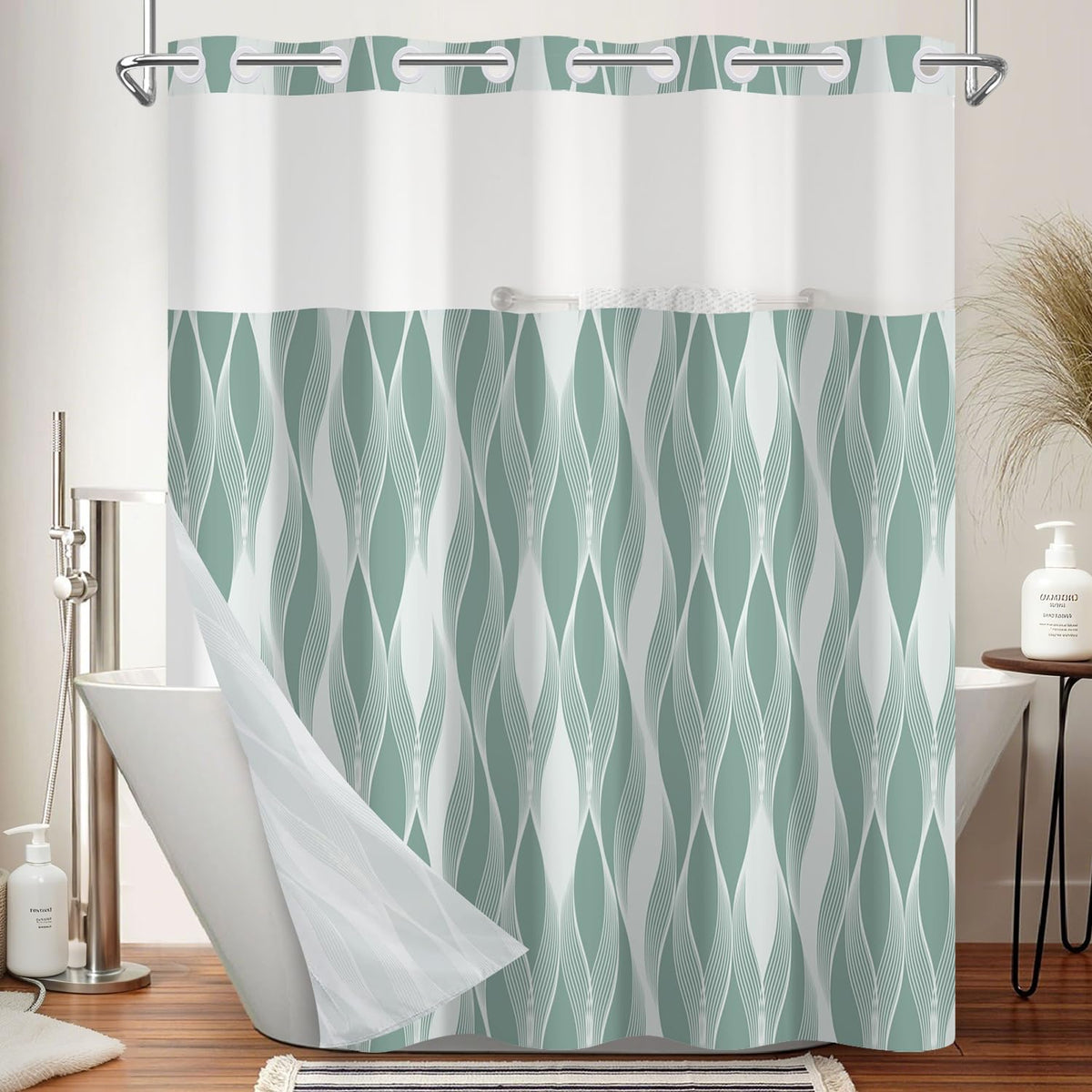 No Hook Shower Curtain with Snap in Liner Set (Geometric Wave)