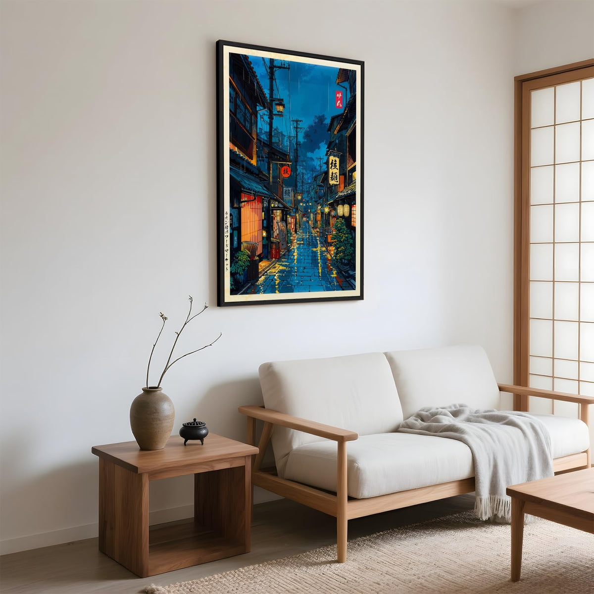 Japanese Tokyo Tea House Wall Art Poster Kyoto Night Street Art Canvas Print Retro Japan Illustration Wall Decor Vintage Urban Street Scene for Bedroom Living Room Aesthetic 12x18inch Black Frame (12"L x 18"W / style-1 Black Frame)