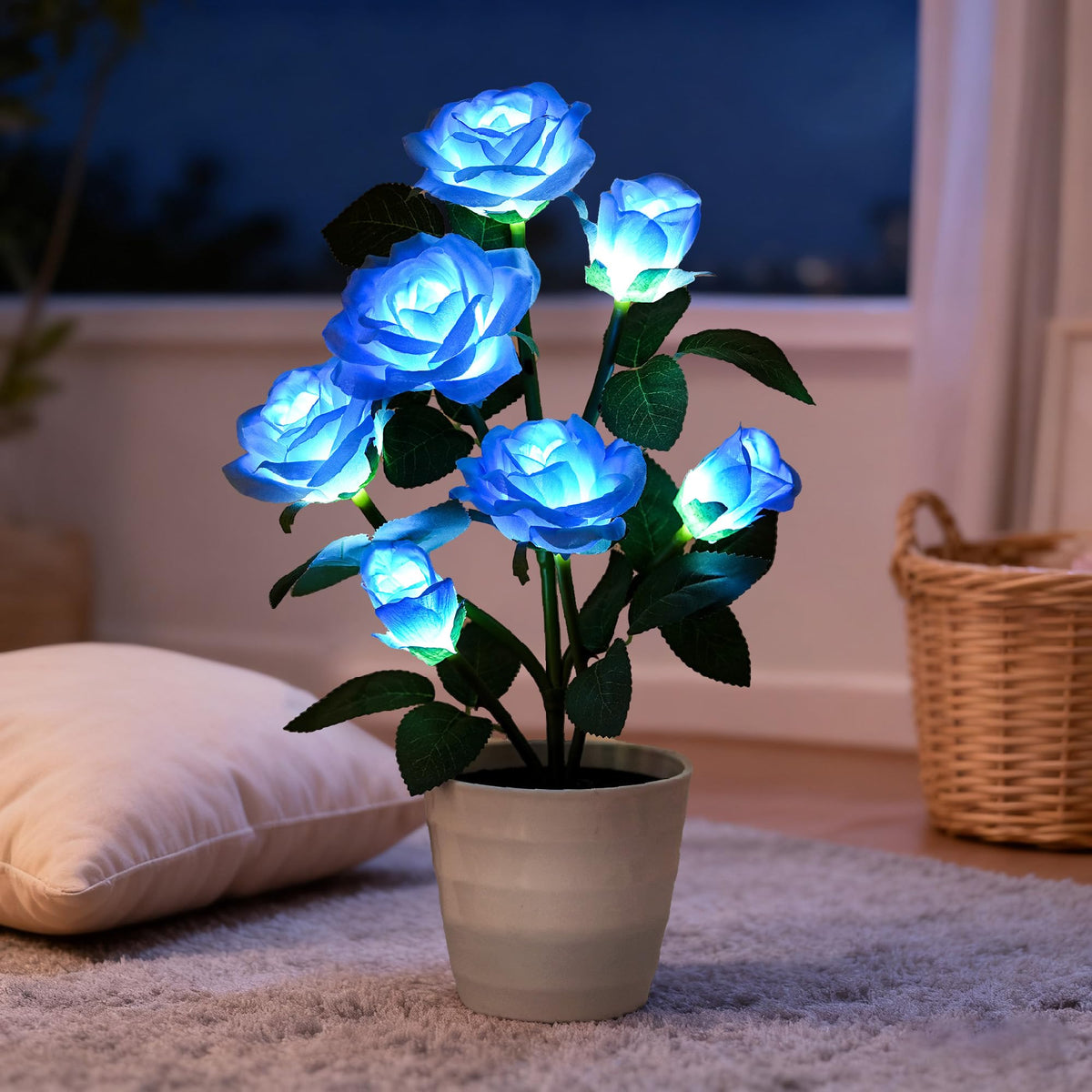 Blue Rose Flower Lamp Romantic Floral Table Decor Gifts for Women Mom (Rose-Blue)