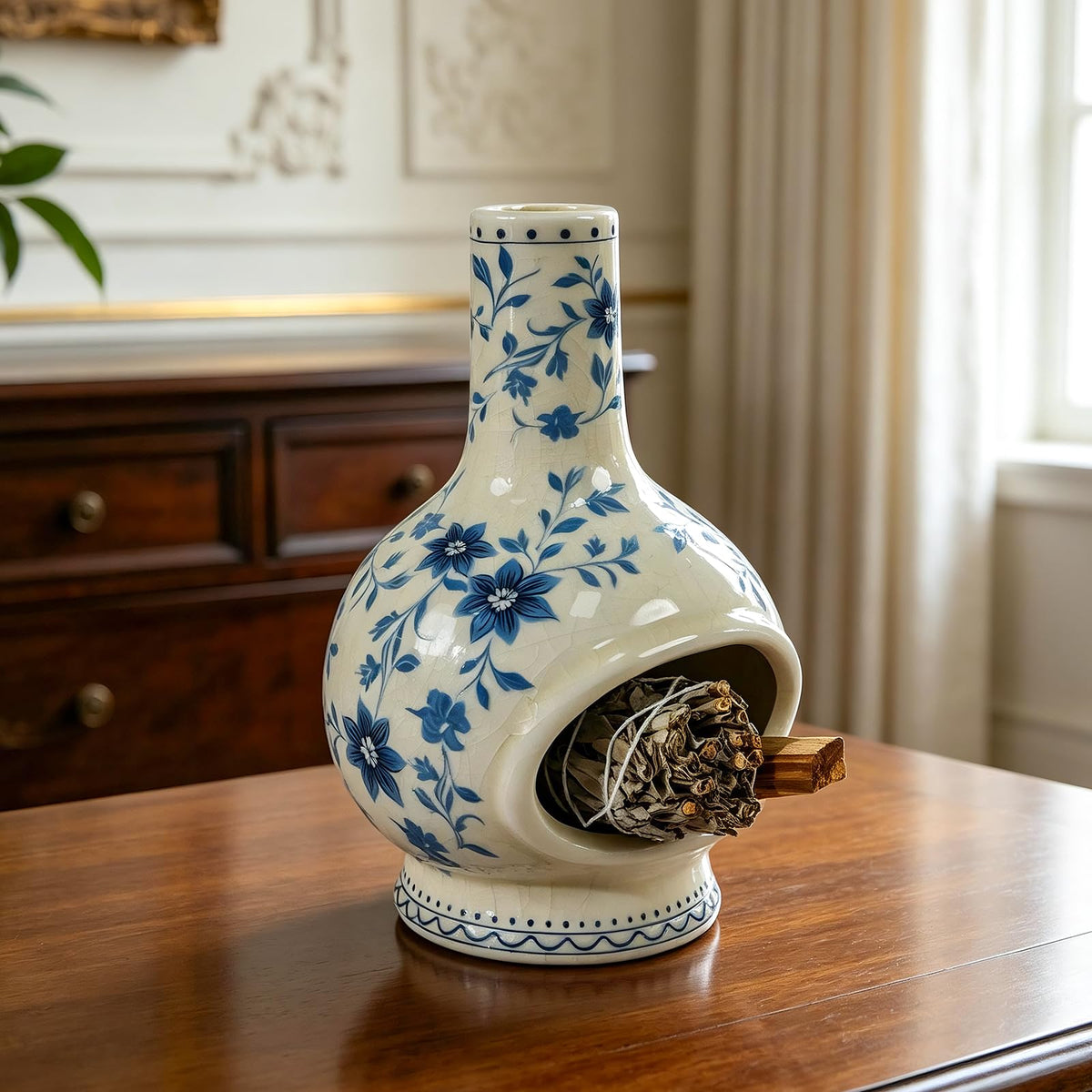 Ceramic Palo Santo Holder (Flowers-blue and White)